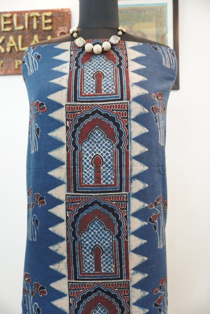Ajrakh kala cotton kurti fabric in indigo blue with block print, border detail and multicolor accents