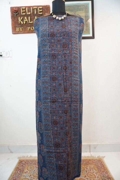 Blue Ajrakh block print fabric piece with multicolor pattern and border