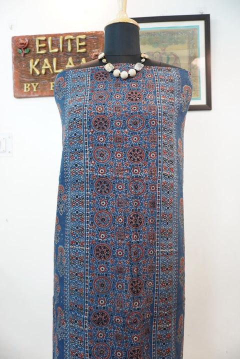 Blue Ajrakh block print fabric piece with multicolor pattern and border