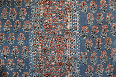 Blue Ajrakh block print fabric piece with multicolor pattern and border