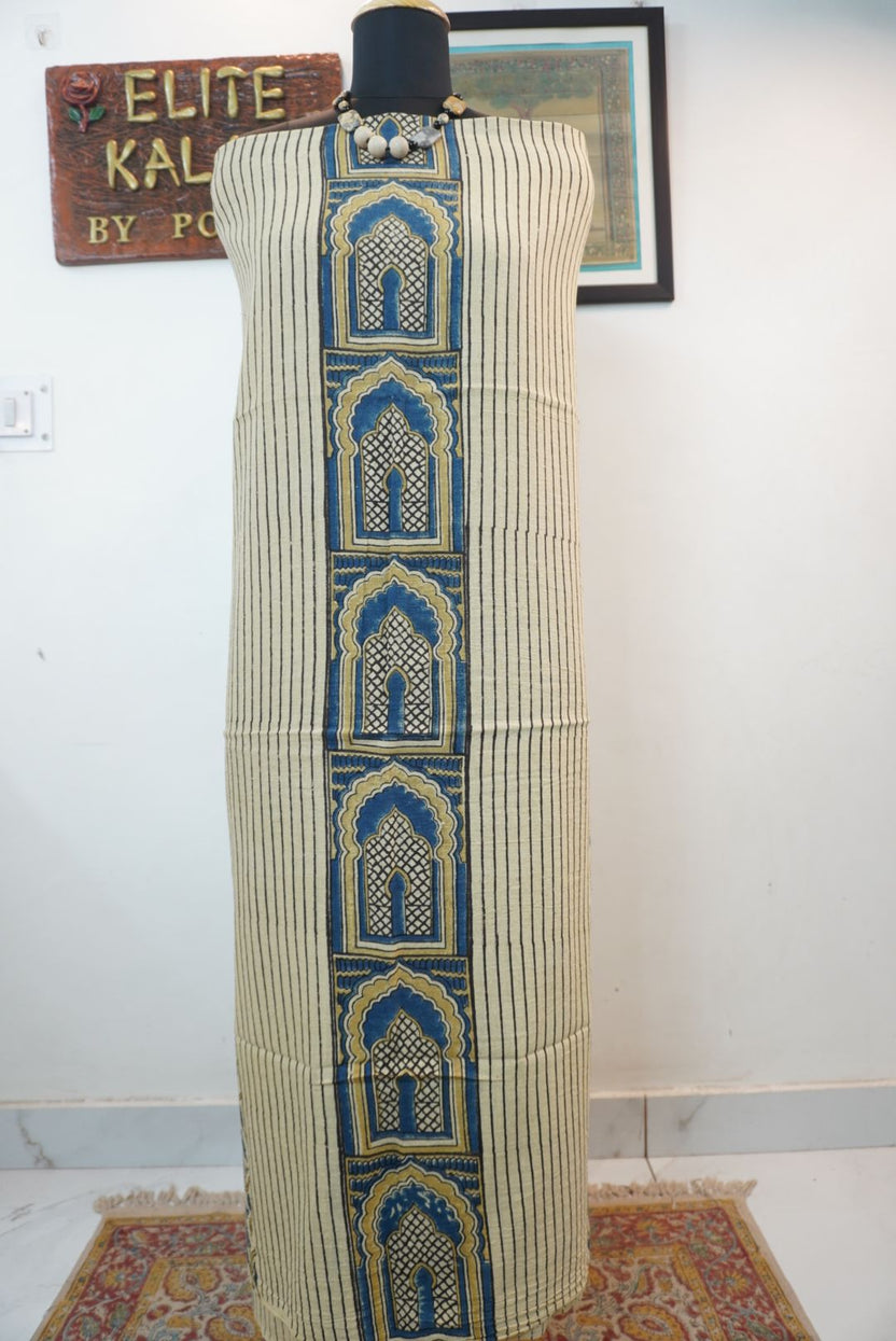 Ivory kurta fabric with blue, black and beige placement pattern