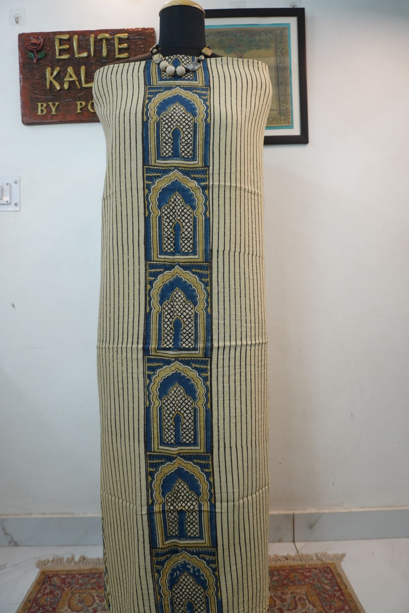 Ivory kurta fabric with blue, black and beige placement pattern