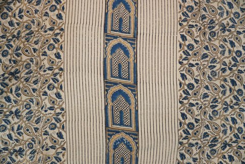 Ivory kurta fabric with blue, black and beige placement pattern