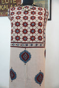 Ivory Kala Cotton Ajrakh block print kurti fabric with border and red, blue, black accents