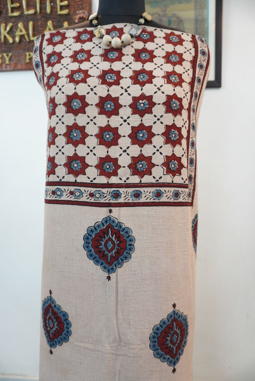 Ivory Kala Cotton Ajrakh block print kurti fabric with border and red, blue, black accents