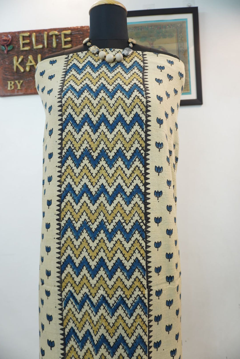Cream kurti fabric with blue, mustard and black Ajrakh block print and border