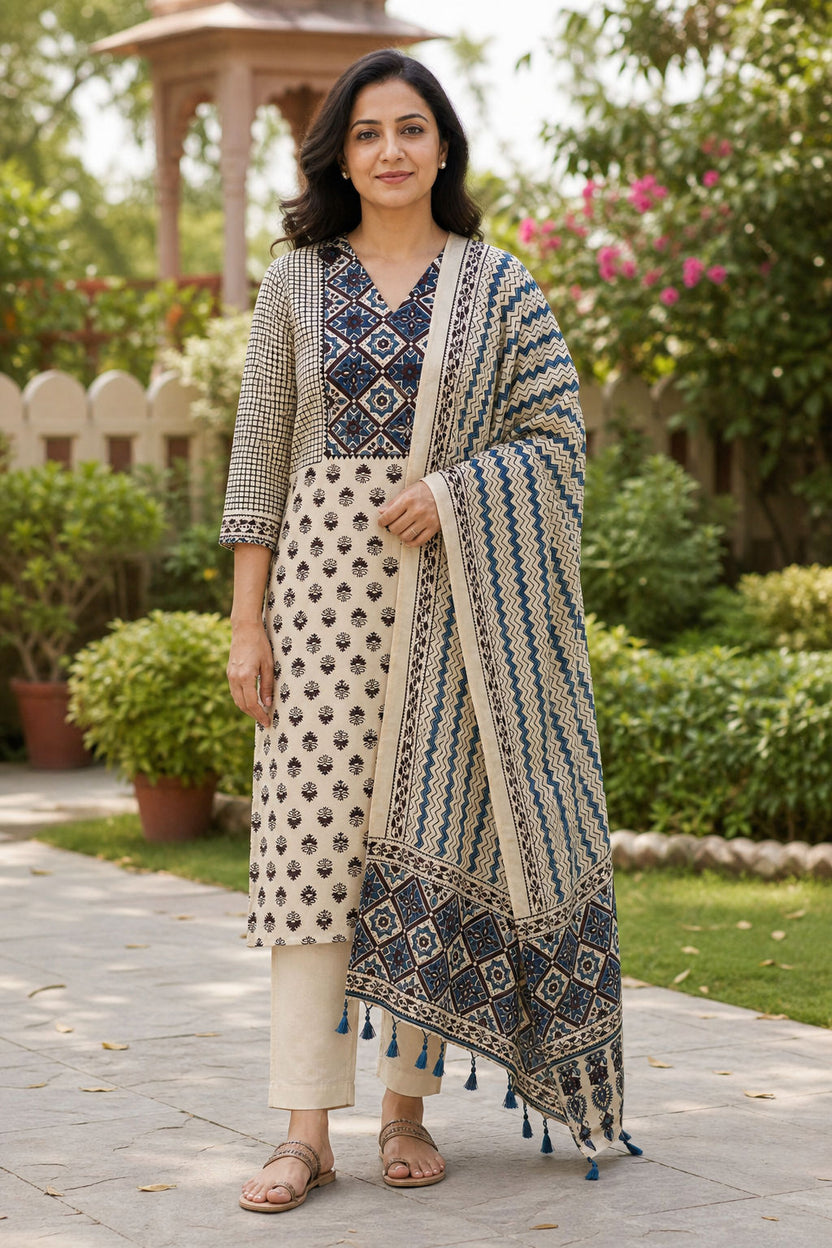 Cream Ajrakh handblock 3 piece dress material with small flower all-over design, blue and brown accents, border and tassels