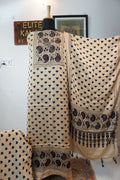 Ajrakh handblock modal 3 piece suit with stole/Ivory/small lotus design