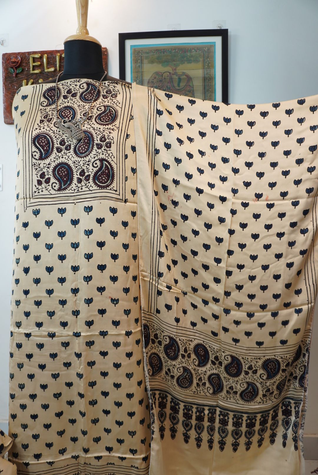 Ajrakh handblock modal 3 piece suit with stole/Ivory/small lotus design