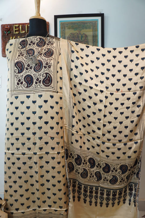 Ajrakh handblock modal 3 piece suit with stole/Ivory/small lotus design
