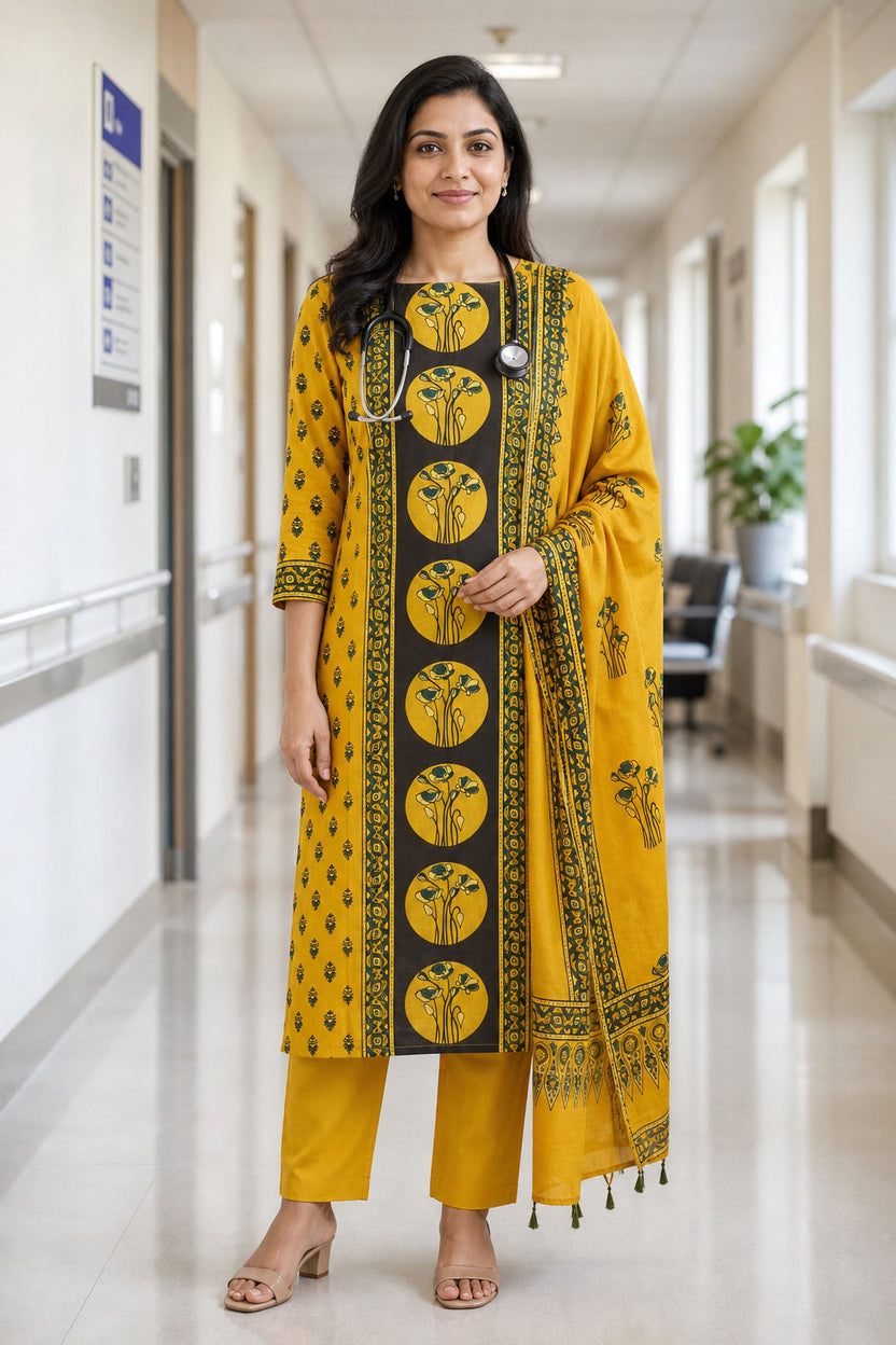 Yellow Ajrakh handblock floral 3 piece suit with black, green and blue accents, border and tassels