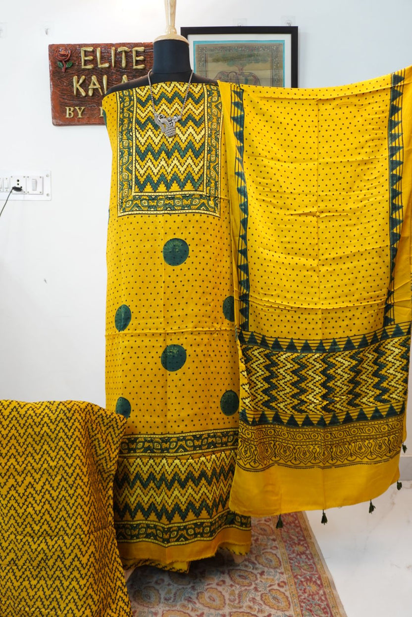 Yellow Ajrakh handblock 3 piece dress material with stole, polka design, green and black accents and border