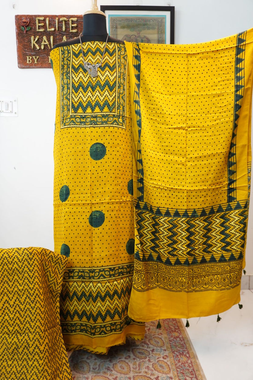 Yellow Ajrakh handblock 3 piece dress material with stole, polka design, green and black accents and border