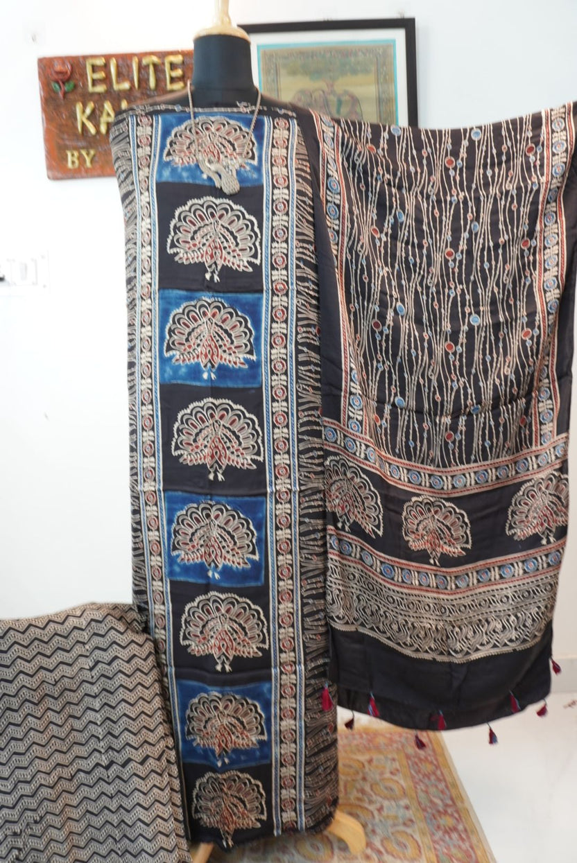 Black Ajrakh handblock 3 piece suit set with multicolor peacock design, border and tassels