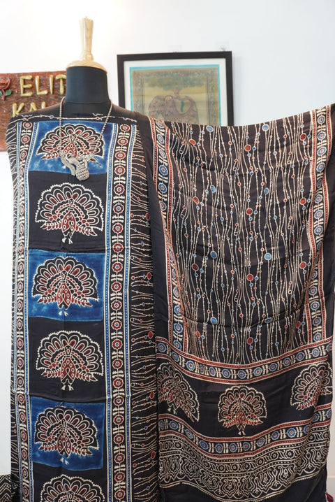 Black Ajrakh handblock 3 piece suit set with multicolor peacock design, border and tassels