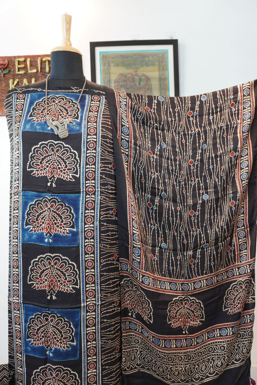 Black Ajrakh handblock 3 piece suit set with multicolor peacock design, border and tassels
