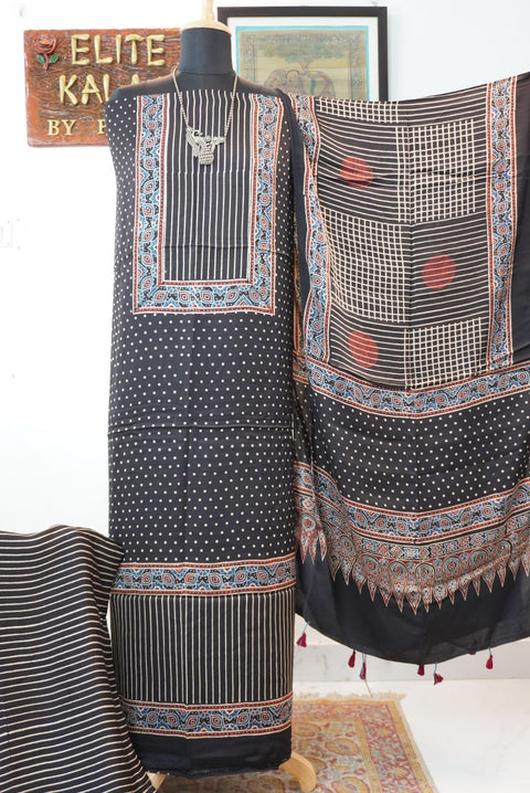 Black Ajrakh handblock 3 piece dress material with multicolor block print, border and tassels