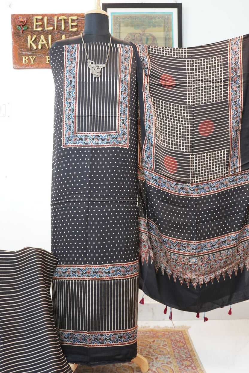 Black Ajrakh handblock 3 piece dress material with multicolor block print, border and tassels