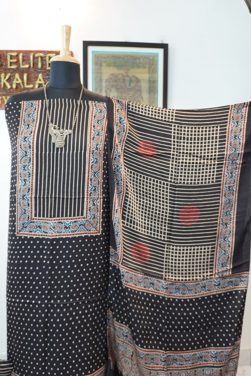 Black Ajrakh handblock 3 piece dress material with multicolor block print, border and tassels