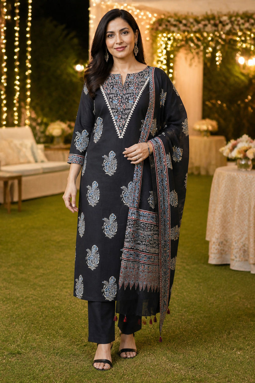 Black Ajrakh handblock style 3 piece suit with stole, multicolor placement pattern, warli neck design, border and tassels