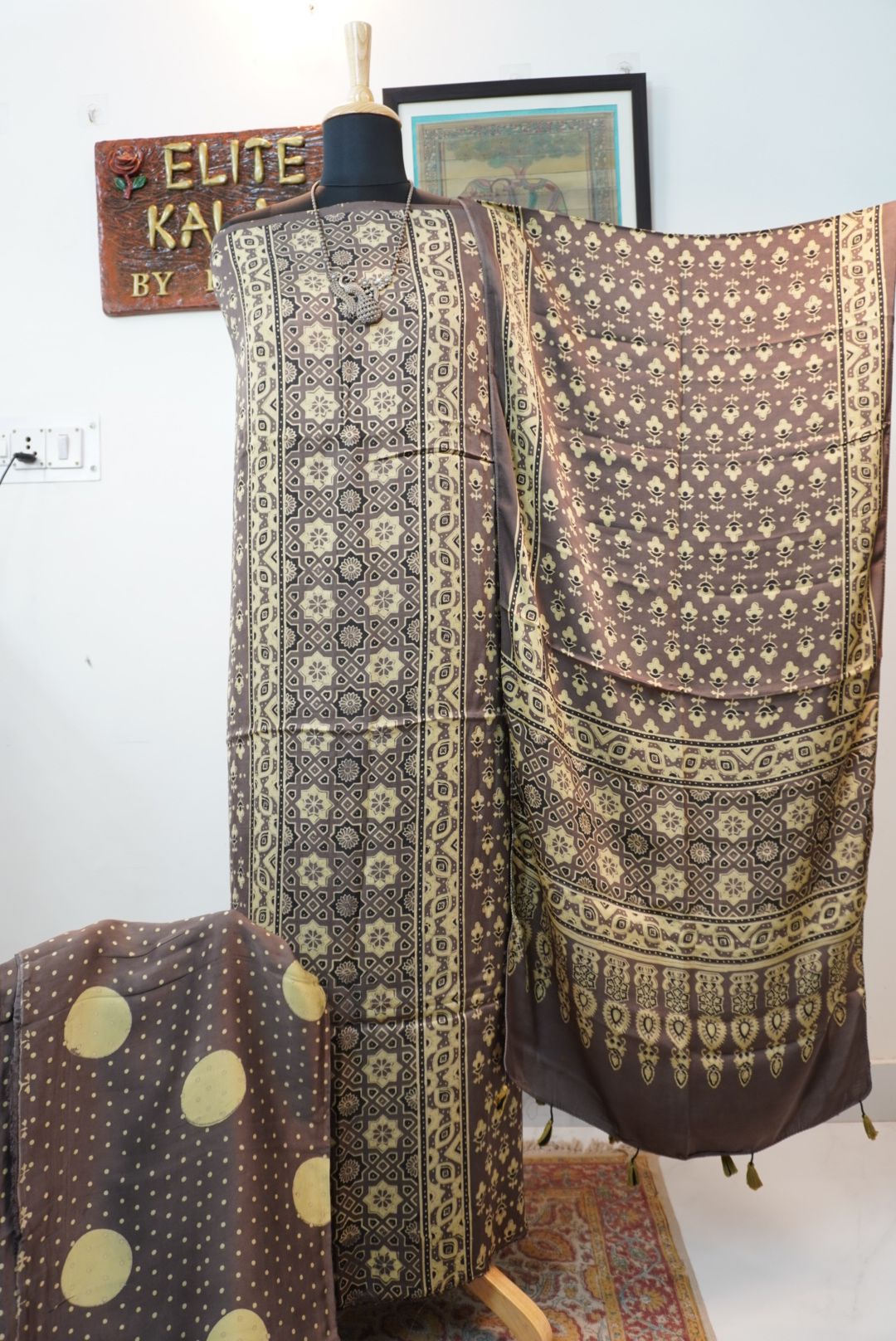 Ajrakh handblock modal 3 piece suit with stole/brown/ small flowerdesign