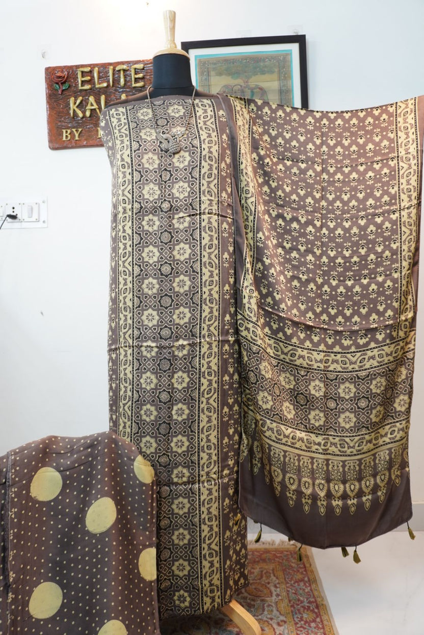 Brown Ajrakh block print 3 piece dress material with small floral design, border and tassels