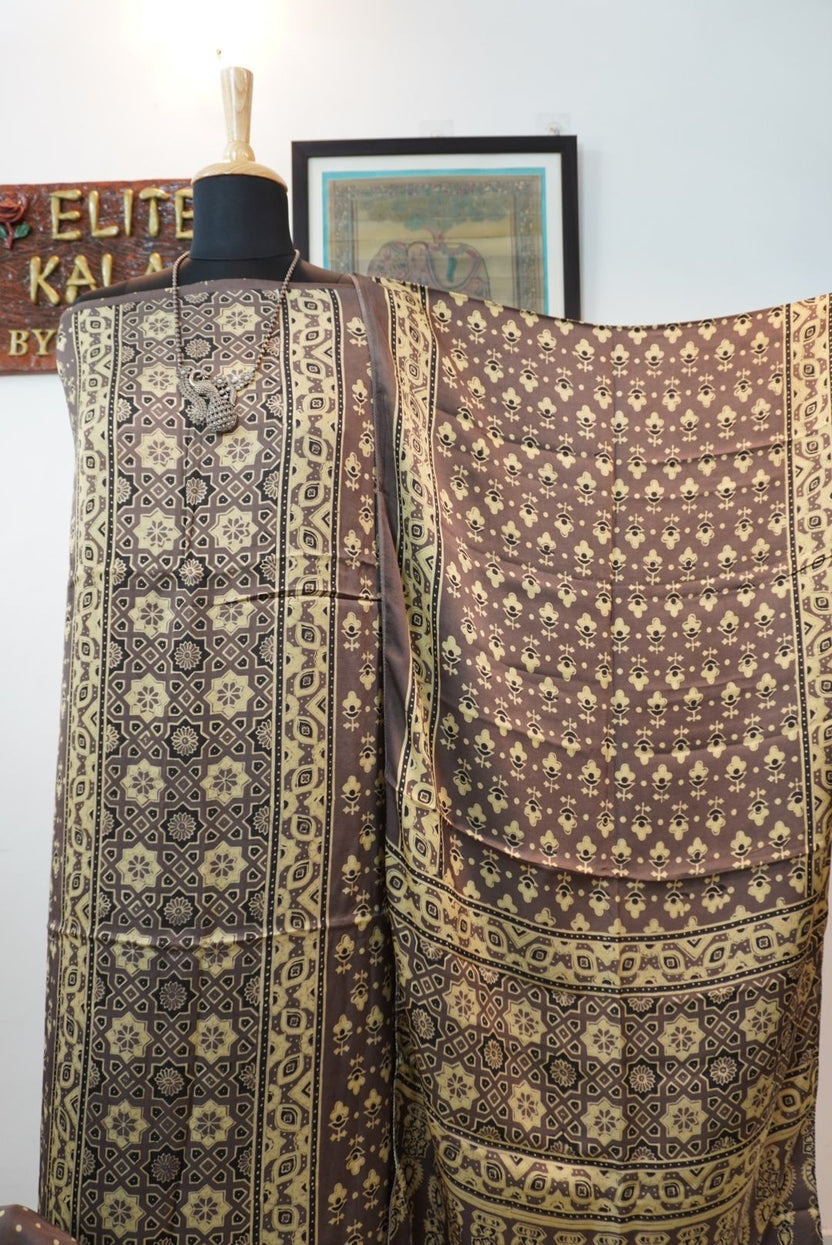 Brown Ajrakh block print 3 piece dress material with small floral design, border and tassels