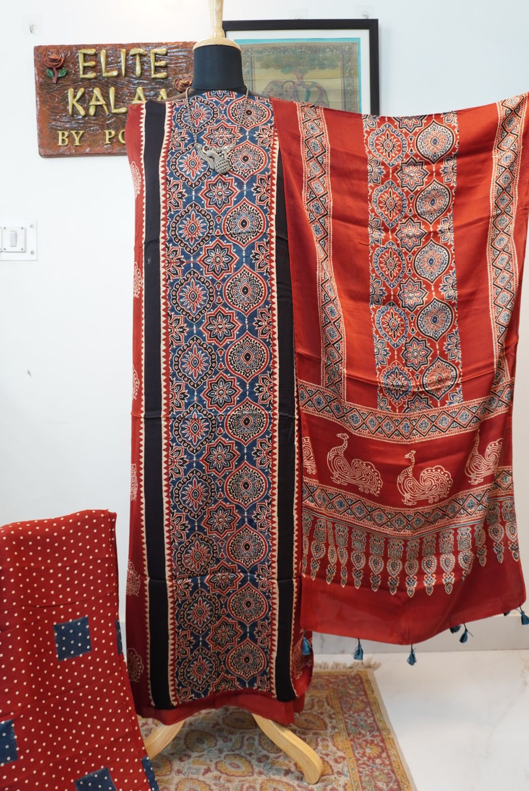 Ajrakh handblock modal 3 piece suit with stole/red/ peacock design