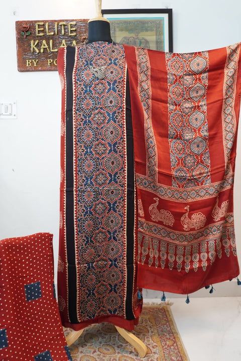 Red Ajrakh handblock 3 piece dress material with blue, cream and black peacock-inspired block print and border
