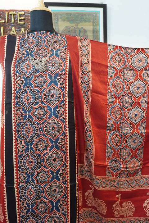 Red Ajrakh handblock 3 piece dress material with blue, cream and black peacock-inspired block print and border