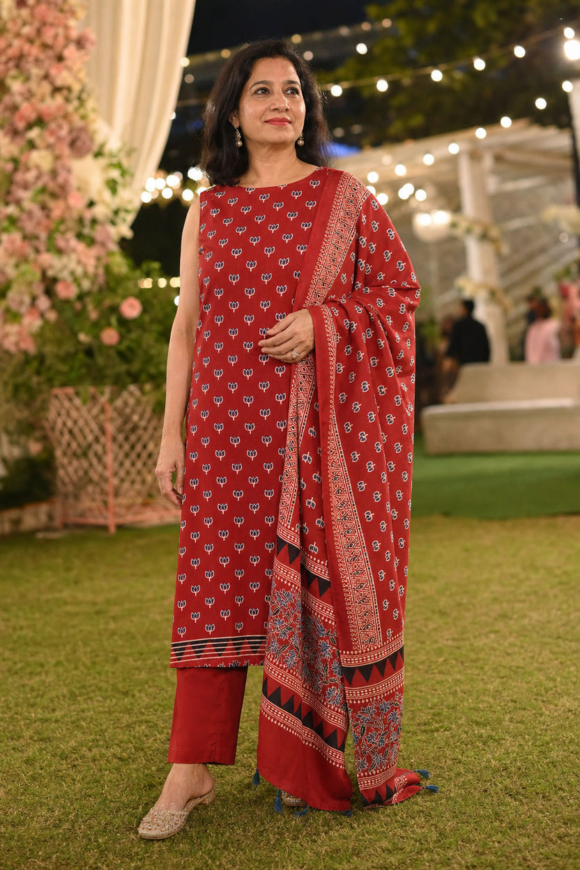 Red 3 piece suit with stole, multicolor placement pattern and small lotus design with border and tassels