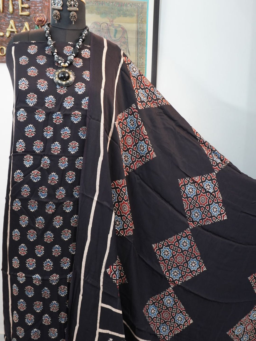 Black Ajrakh modal 2 piece suit set with multicolor geometric pattern and border