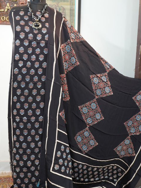 Black Ajrakh modal 2 piece suit set with multicolor geometric pattern and border