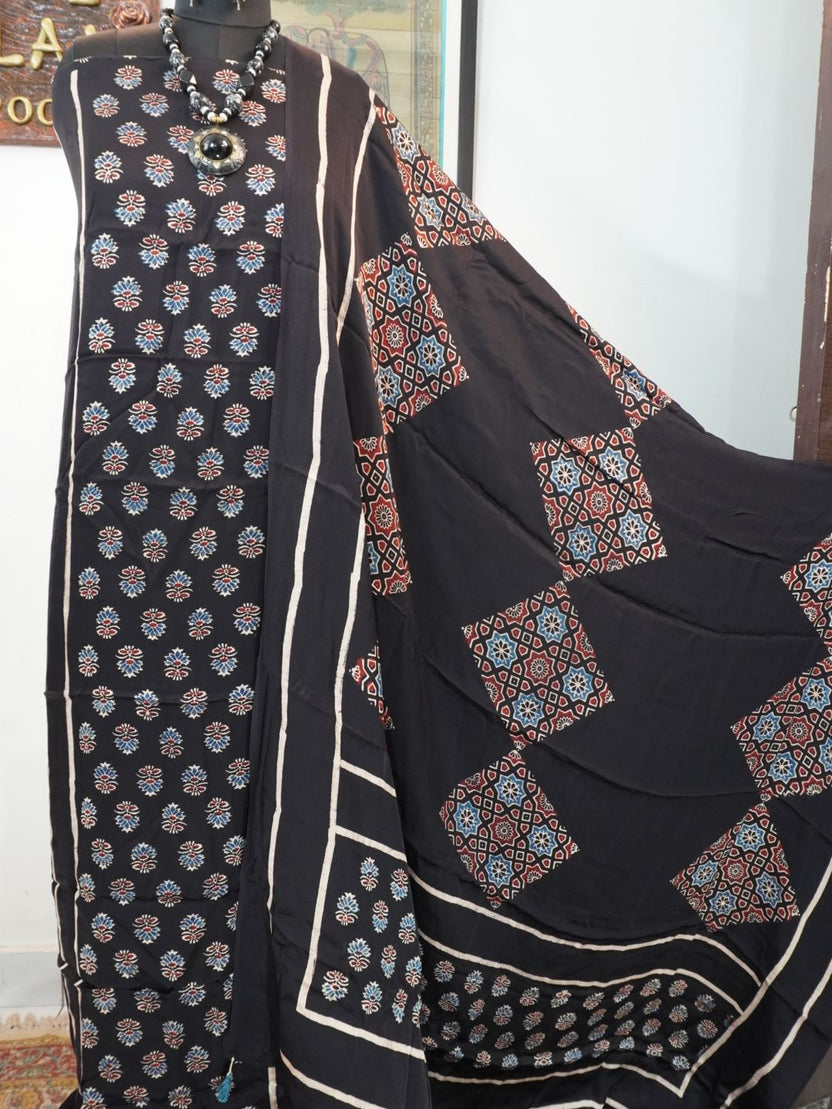 Black Ajrakh modal 2 piece suit set with multicolor geometric pattern and border