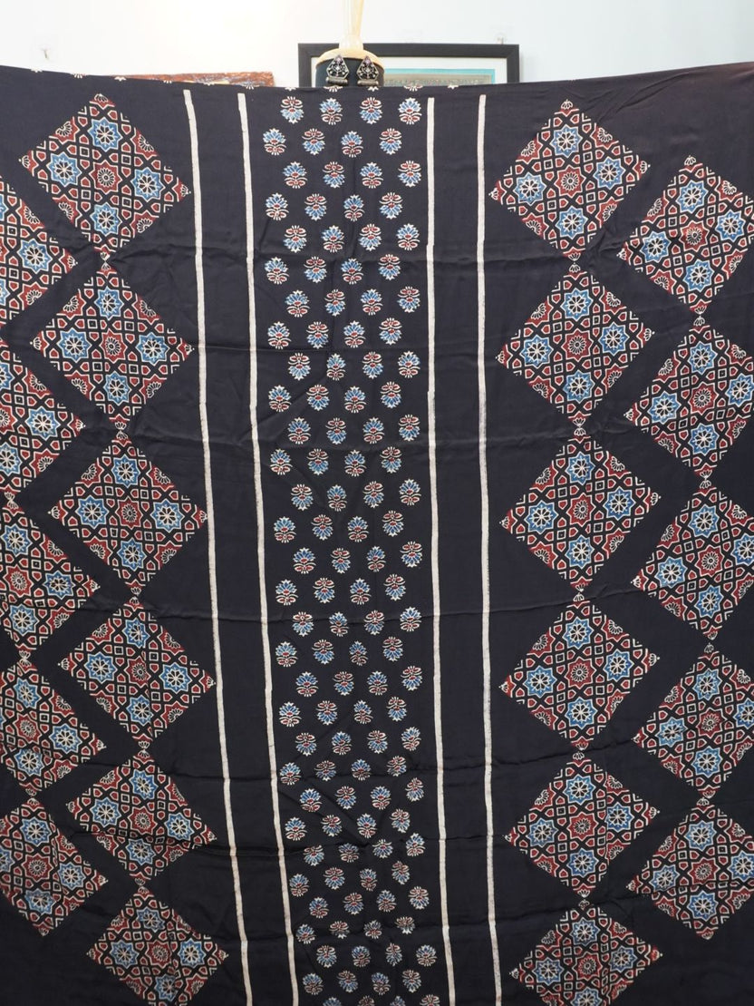 Black Ajrakh modal 2 piece suit set with multicolor geometric pattern and border