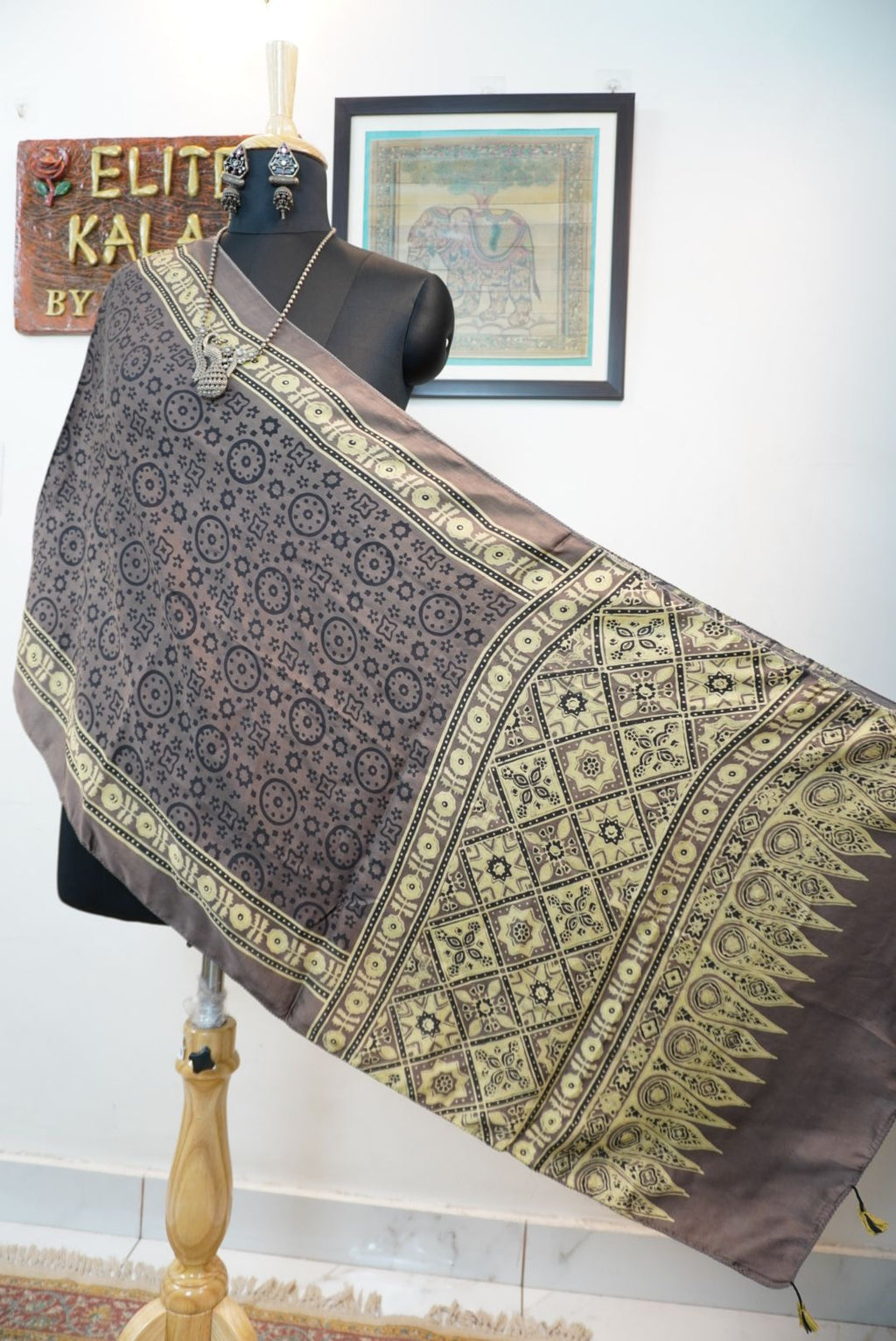 Brown Ajrakh modal stole with beige and black geometric design and border
