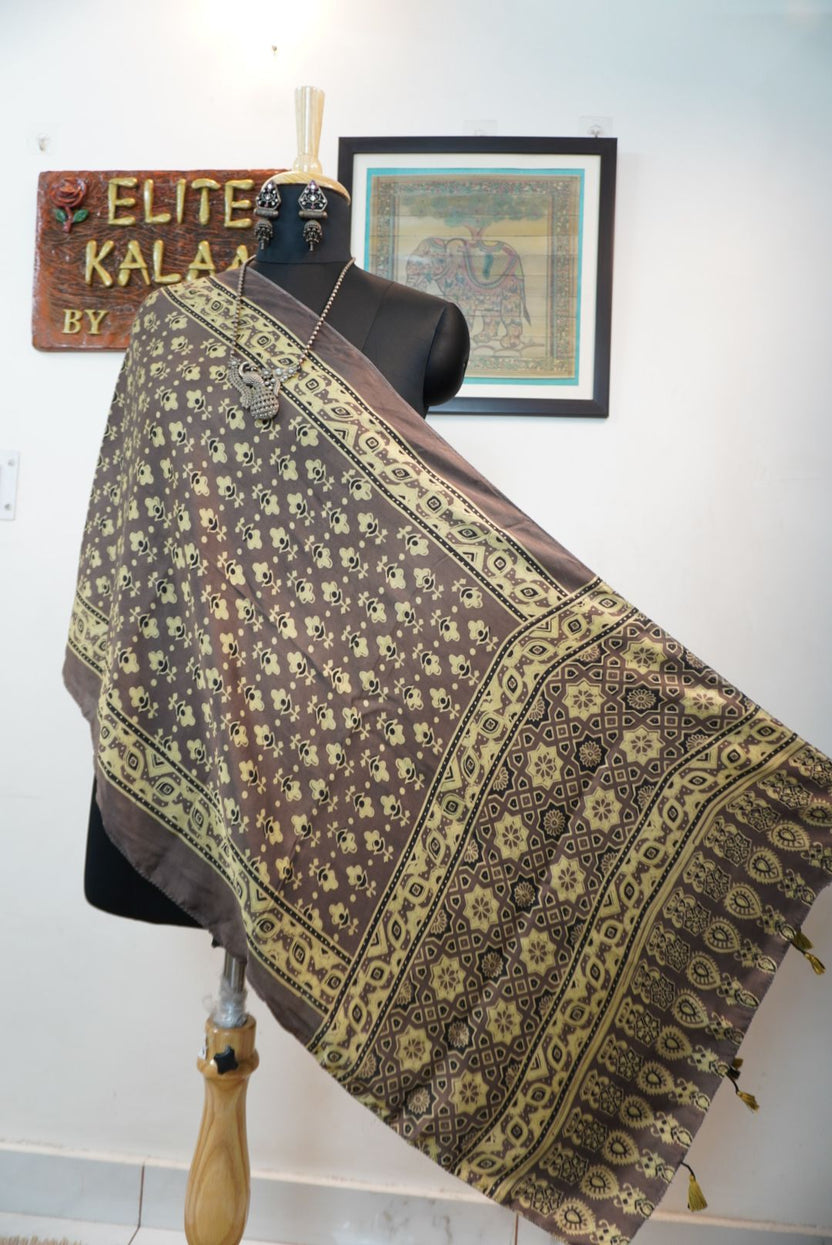 Brown Ajrakh modal stole with small multicolor flower design, border and tassels