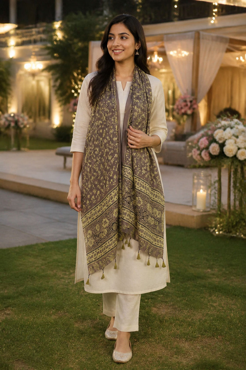 Brown Ajrakh modal stole with small multicolor flower design, border and tassels
