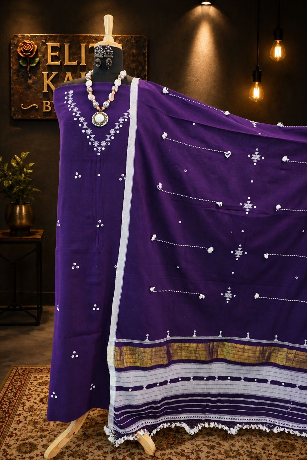 Bhujodi Kala Cotton Dress Material Purple with Border, Fringe & Tassels