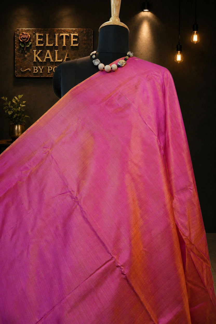 Katan Silk Plain Saree Orange and Dark Pink with Border