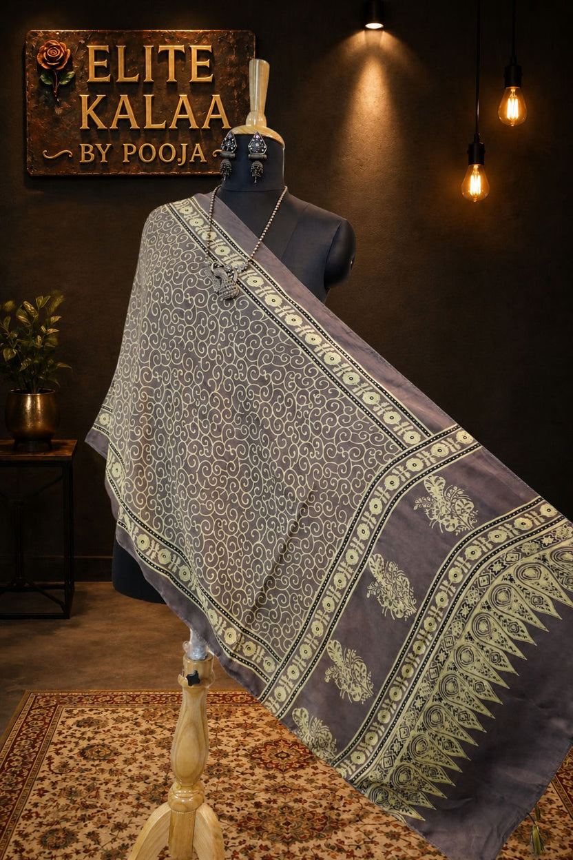 Modal Silk Ajrakh Geometric Saree Ivory with Cream and Beige Border