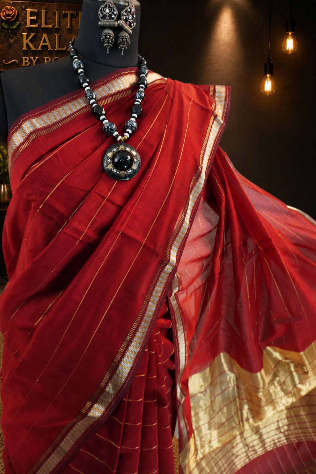 Maheshwari Handloom Silk By Cotton Striped Saree Red with Gold Tissue Palla