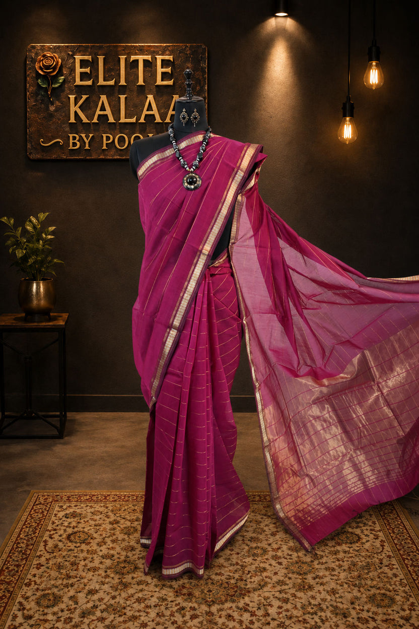 Maheshwari Handloom Silk By Cotton Striped Saree Pink with Tissue Palla