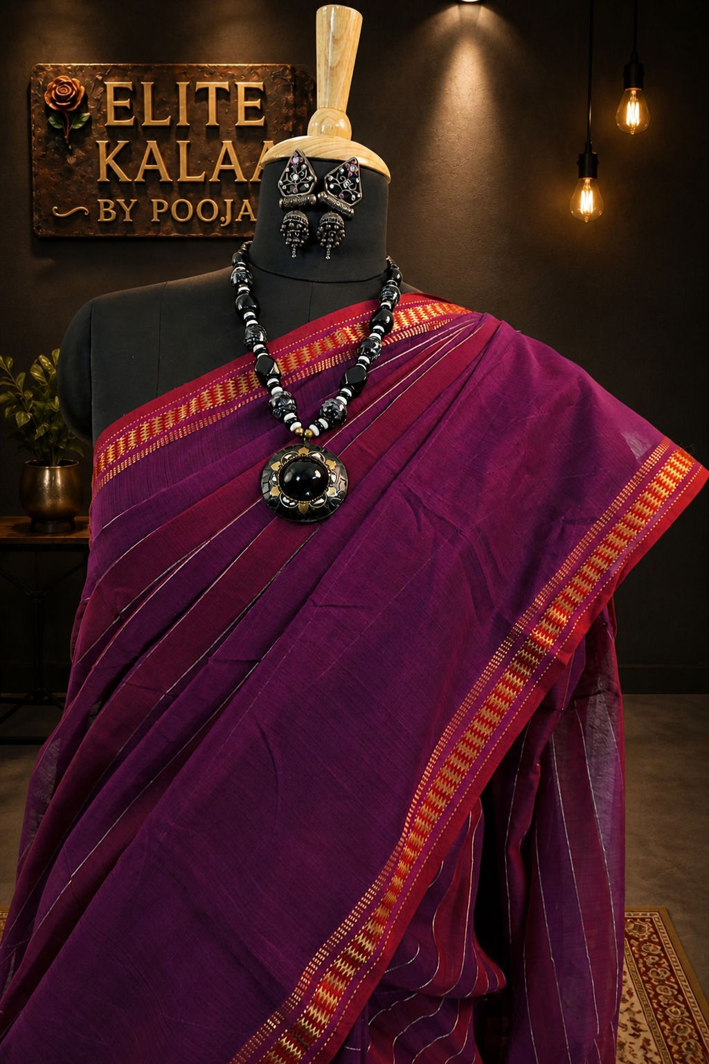 Maheshwari Handloom Silk By Cotton Striped Saree Purple with Orange Border and Tissue Palla