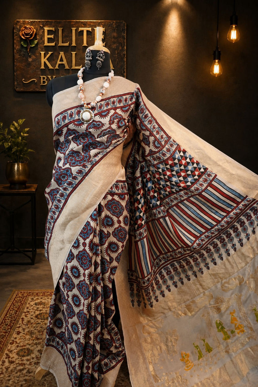 Ajrakh Dola Silk Saree with Maaenakari Palla, Ivory Triangle Block