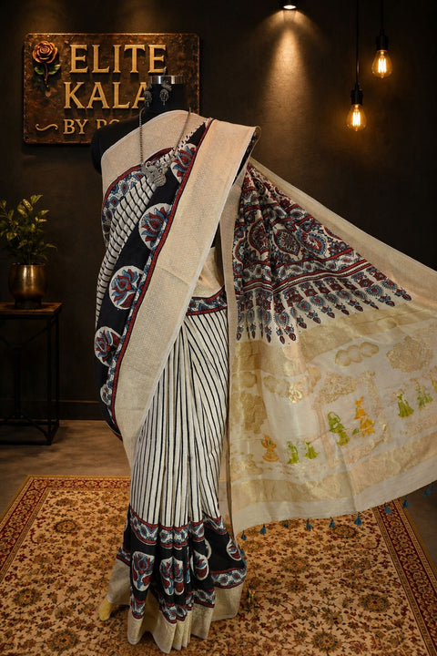 Ajrakh Dola Silk Saree Ivory with Maaenakari Palla, Stripes, Lotus Boota