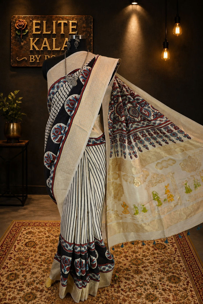 Ajrakh Dola Silk Saree Ivory with Maaenakari Palla, Stripes, Lotus Boota