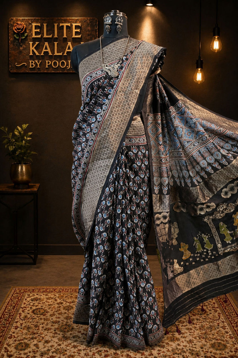 Ajrakh Dola Silk Saree with Maaenakari Palla, Black Small Boota