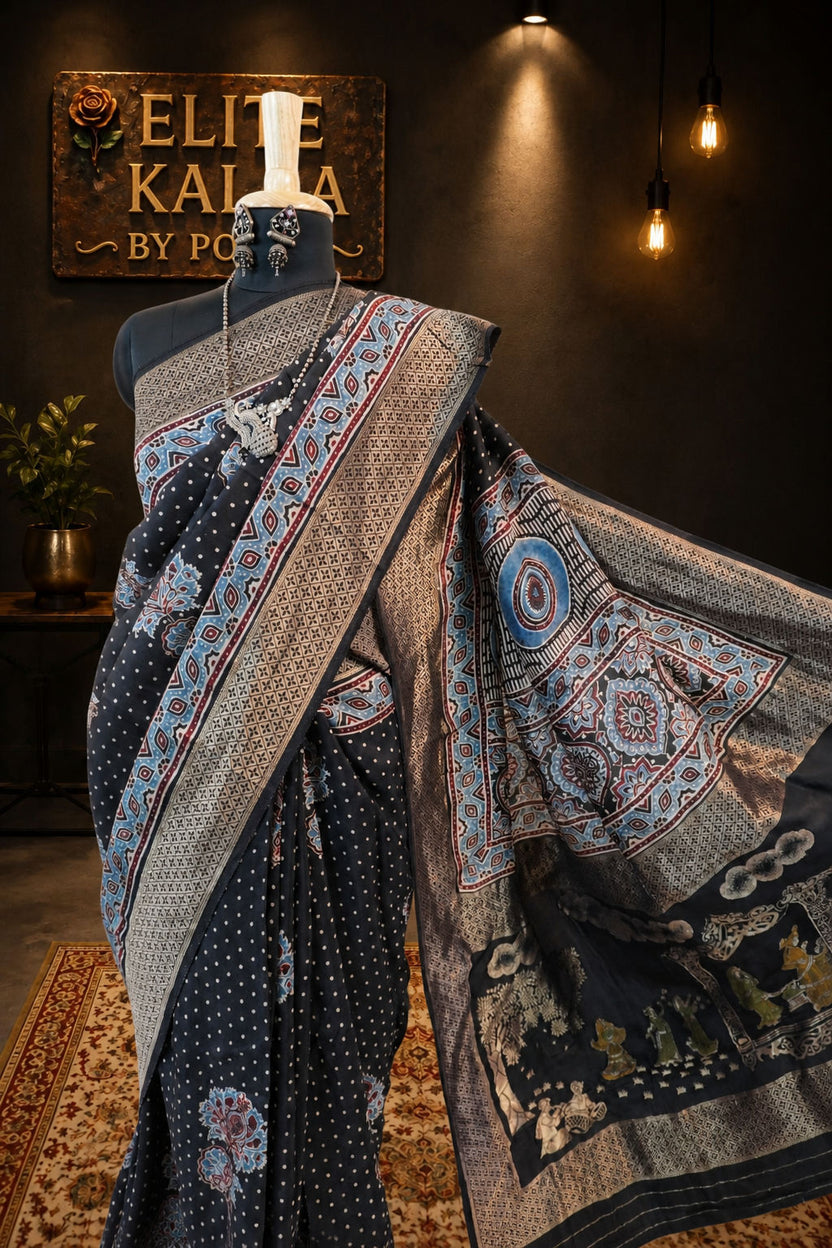 Ajrakh Dola Silk Saree with Maaenakari Palla, Black Big Flower Boota with Polka Dots