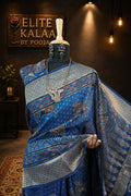 Ajrakh Dola Silk Saree Indigo Blue with Maenakari Palla & Pichwai Nandi Block